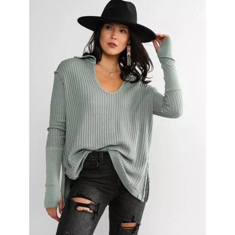 Free People Raymond Sage Green Waffle Knit Thermal V-Neck Top Extra Small